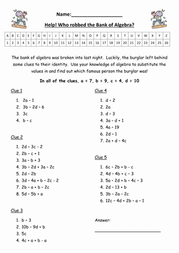 Substitution Method Worksheet Answers New Substitution Clue solver to Find Bank Of Algebra Celebrity