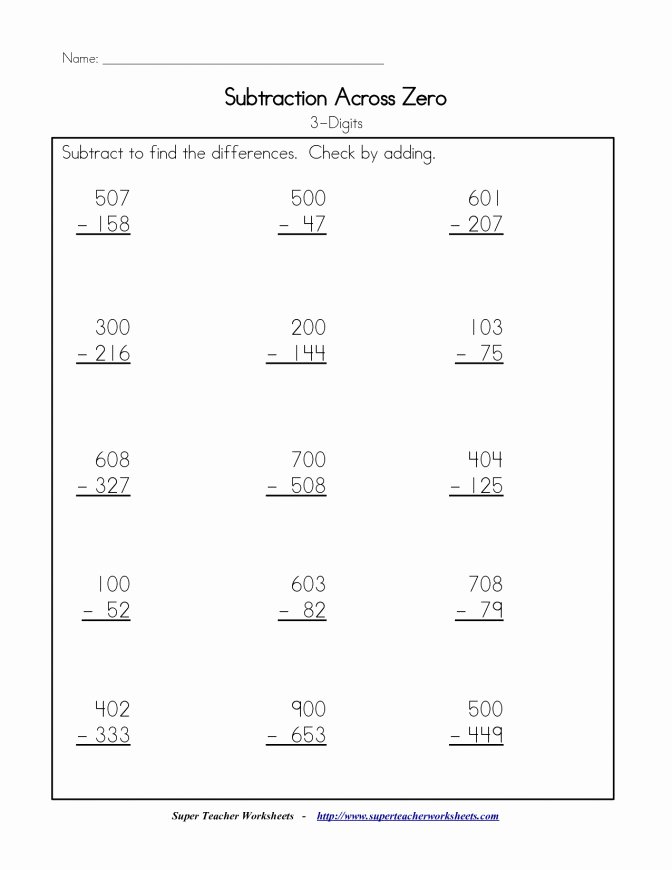 Subtracting Across Zero Worksheet Lovely Subtracting Across Zeros Worksheet