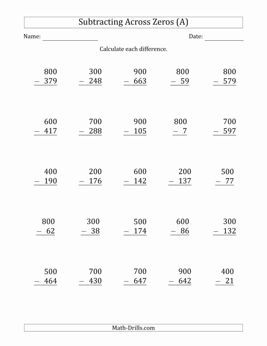 Subtracting Across Zero Worksheet Unique Subtracting Across Zeros From Multiples Of 100 A
