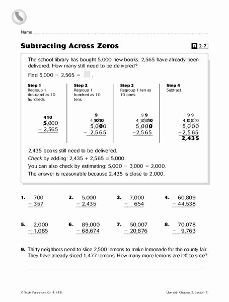 Subtracting Across Zero Worksheet Unique Subtracting Across Zeros Worksheet for 4th 5th Grade