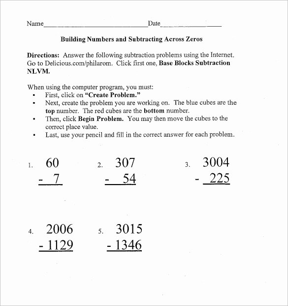 Subtracting Across Zeros Worksheet Awesome Sample Subtraction Across Zeros Worksheet 10 Documents