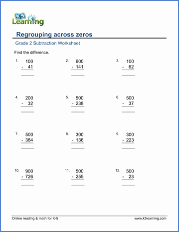 Subtracting Across Zeros Worksheet Fresh Grade 2 Math Worksheet Subtract From whole Hundreds by