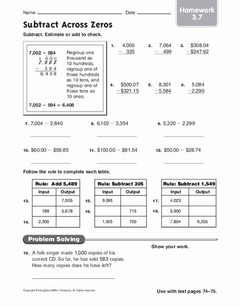 Subtracting Across Zeros Worksheet Inspirational Subtract Across Zeros Worksheet for 4th 6th Grade