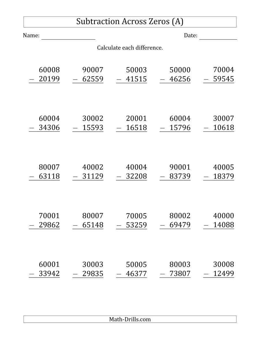 Subtracting Across Zeros Worksheet Unique 5 Digit Subtracting Across Zeros In the Middle A