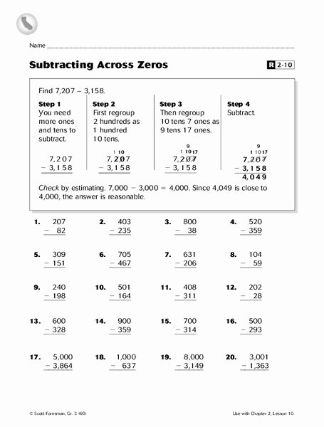 Subtracting Across Zeros Worksheet Unique Subtracting Across Zeros Worksheet for 4th 5th Grade