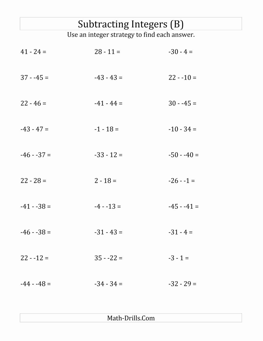 Subtracting Integers Worksheet Pdf Beautiful Subtracting Integers From 50 to 50 No Parentheses B