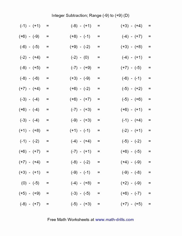 Subtracting Integers Worksheet Pdf Elegant Free Math Worksheet Subtracting Integers Range 9 to 9
