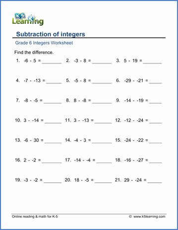Subtracting Integers Worksheet Pdf Inspirational Grade 6 Math Worksheet Integers Subtraction Of Integers