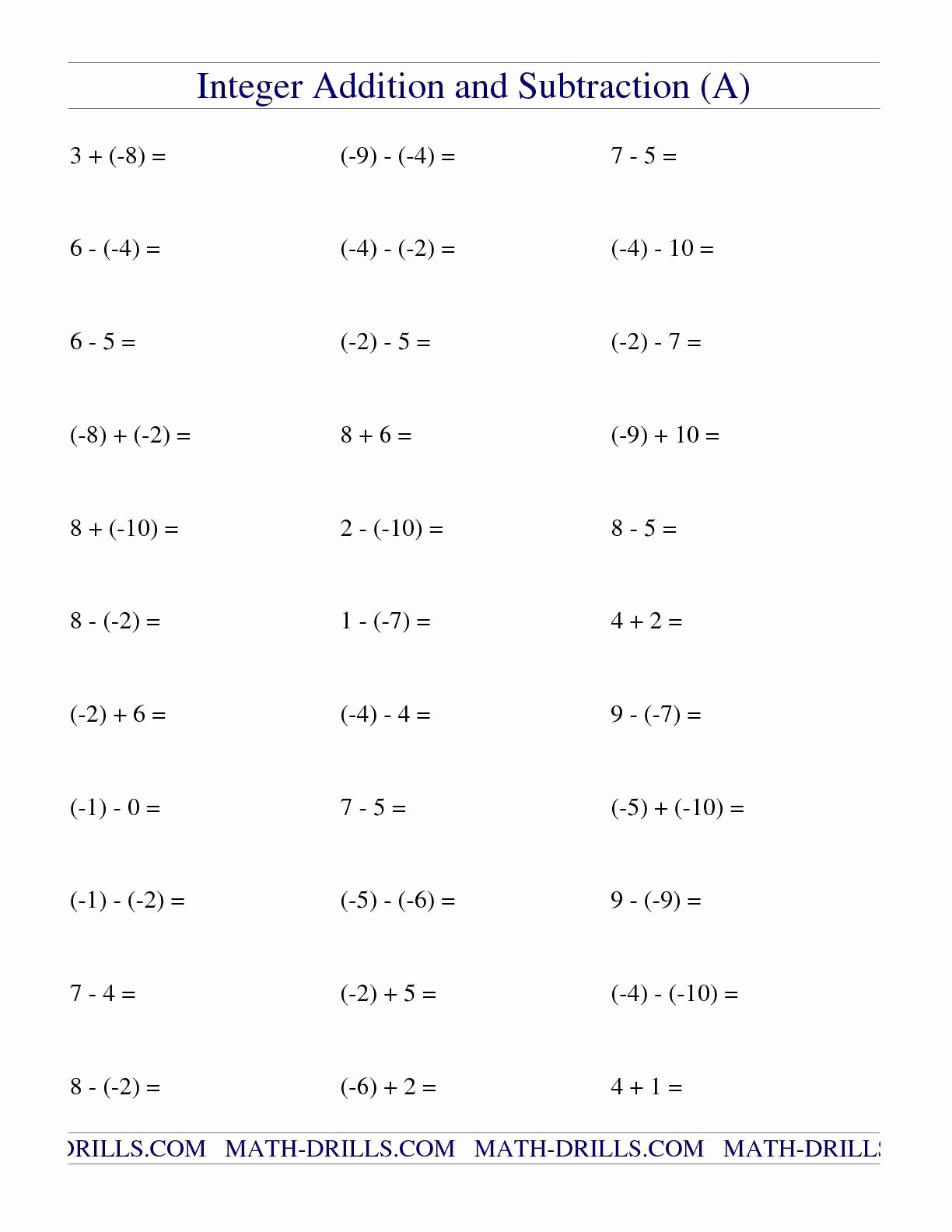 Subtracting Integers Worksheet Pdf Inspirational the Integer Addition and Subtraction Range 10 to 10 A