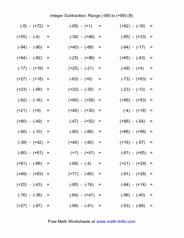 Subtracting Integers Worksheet Pdf Lovely Free Math Worksheet Subtracting Integers Range 99 to