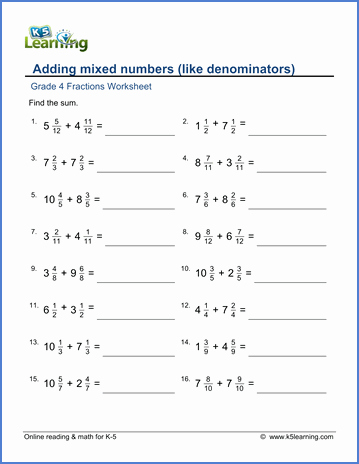 Subtracting Mixed Numbers Worksheet Awesome Grade 4 Fraction Worksheet Adding Mixed Numbers Like