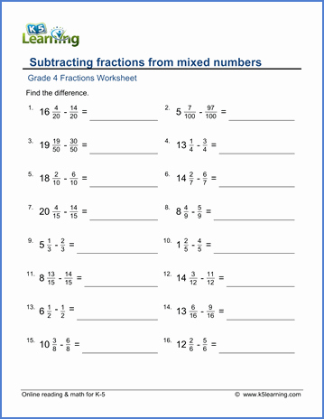Subtracting Mixed Numbers Worksheet Best Of Grade 4 Math Worksheets Subtracting Fractions From Mixed