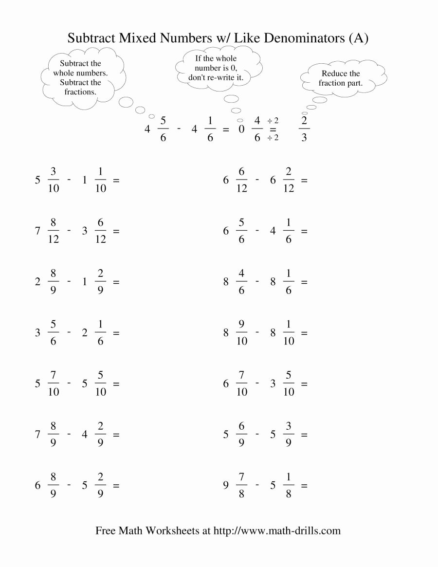 Subtracting Mixed Numbers Worksheet Best Of Subtracting Mixed Fractions Like Denominators Reducing