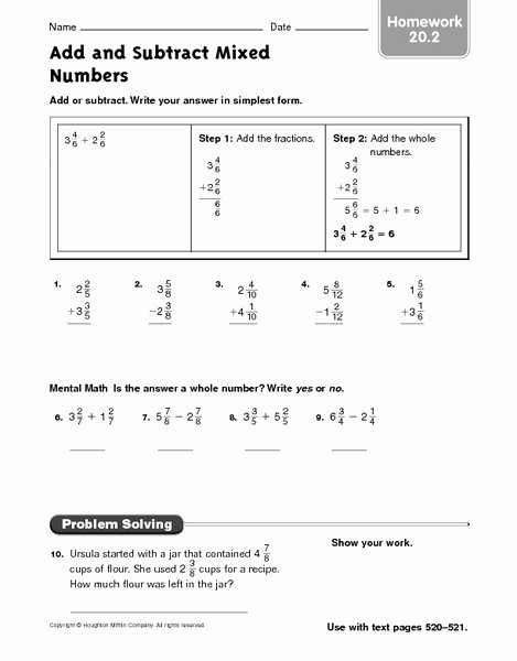 Subtracting Mixed Numbers Worksheet Fresh Adding and Subtracting Mixed Numbers Homework 20 2