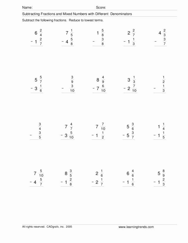 Subtracting Mixed Numbers Worksheet Inspirational Adding Mixed Numbers with Different Denominators Worksheet