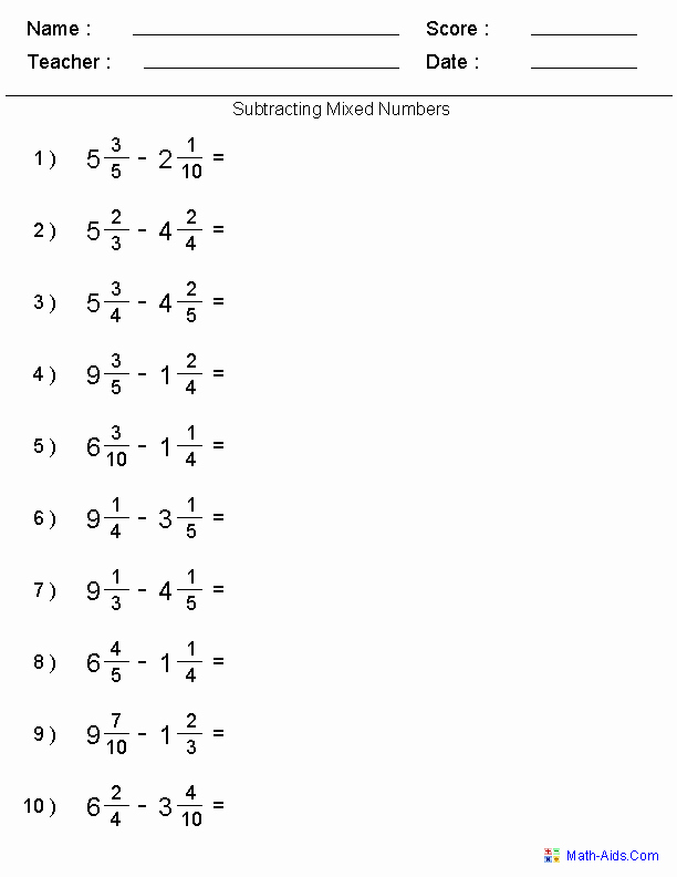 Subtracting Mixed Numbers Worksheet Inspirational Fractions Worksheets