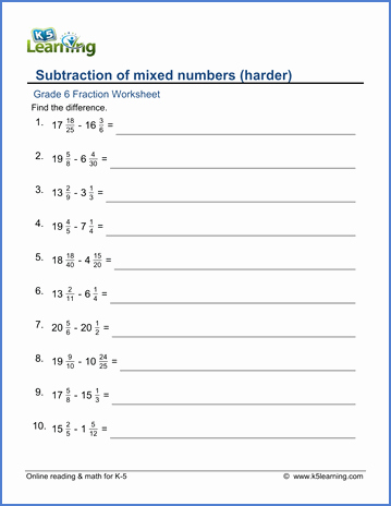 Subtracting Mixed Numbers Worksheet Lovely Grade 6 Math Worksheet Fractions Subtracting Mixed