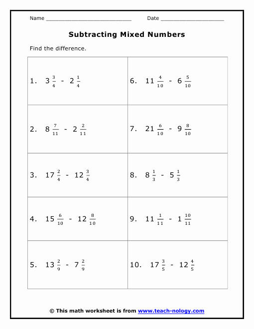 Subtracting Mixed Numbers Worksheet New Subtracting Mixed Numbers