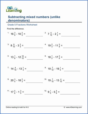 Subtracting Mixed Numbers Worksheet Unique Grade 5 Fractions Worksheet Subtracting Fractions From