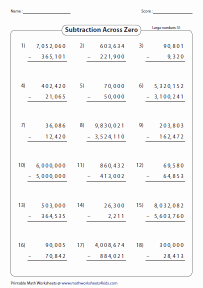 Subtraction Across Zeros Worksheet Awesome Subtraction Across Zero Worksheets