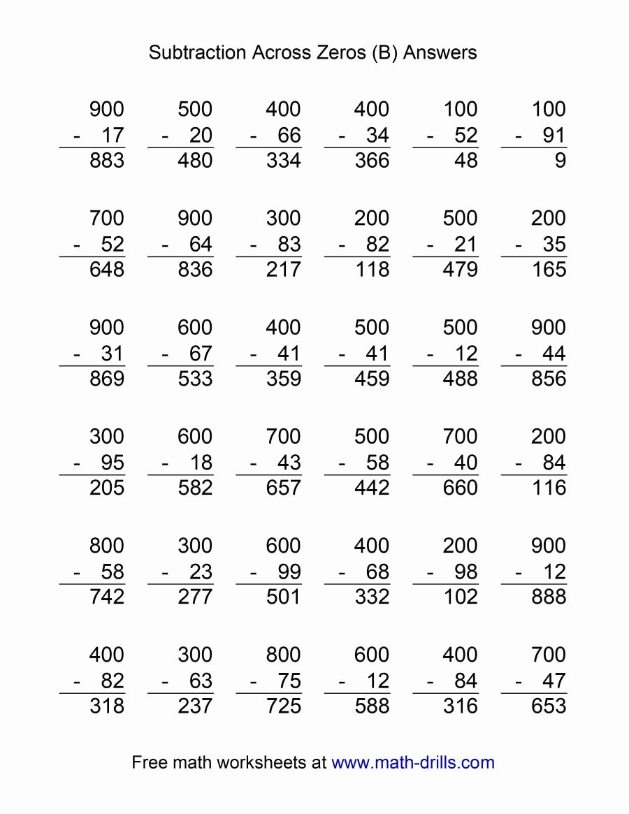 Subtraction Across Zeros Worksheet Elegant Subtraction Across Zeros 36 Questions B
