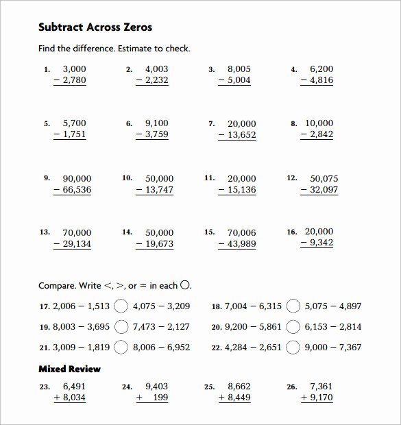 Subtraction Across Zeros Worksheet Luxury Sample Subtraction Across Zeros Worksheet 10 Documents