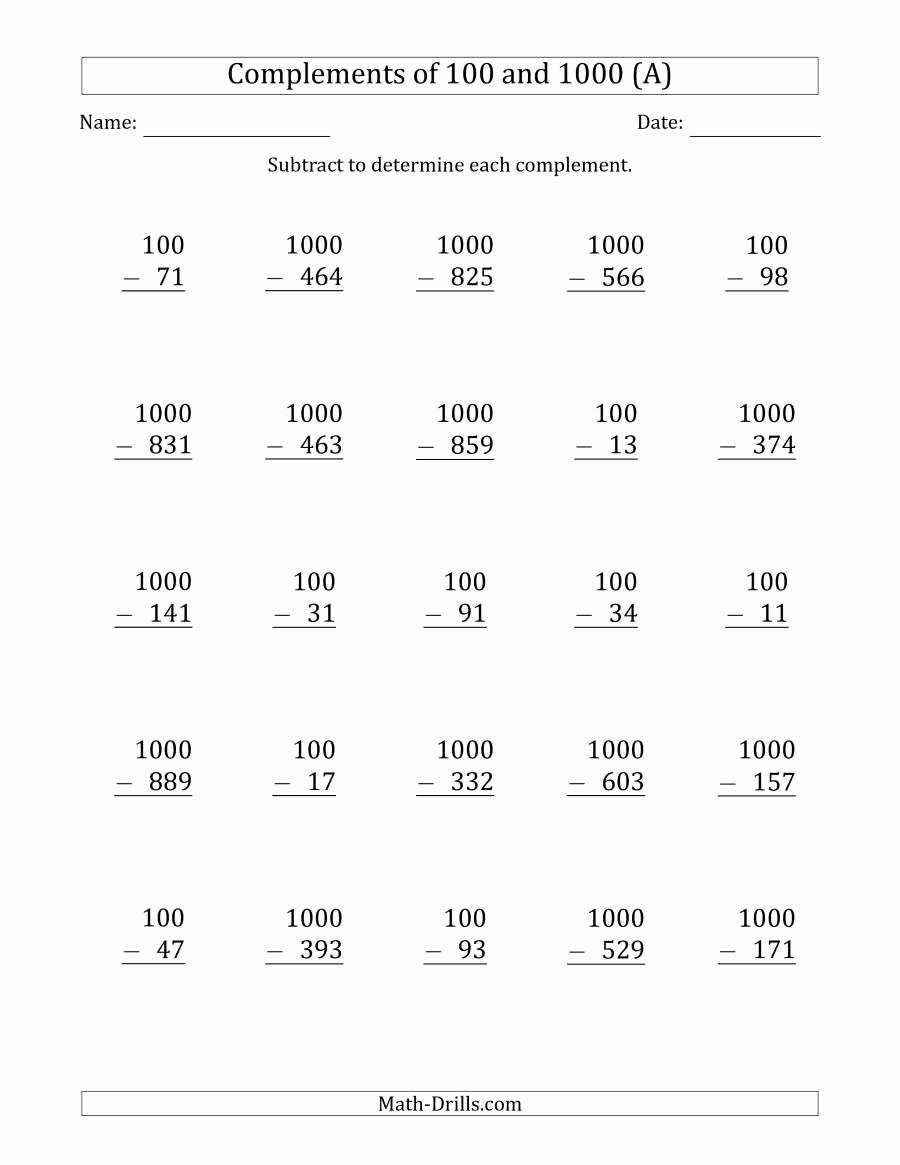 Subtraction Across Zeros Worksheet New Plements Of 100 and 1000 by Subtracting A