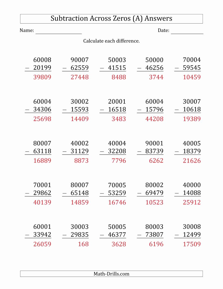 Subtraction Across Zeros Worksheet Unique 5 Digit Subtracting Across Zeros In the Middle A