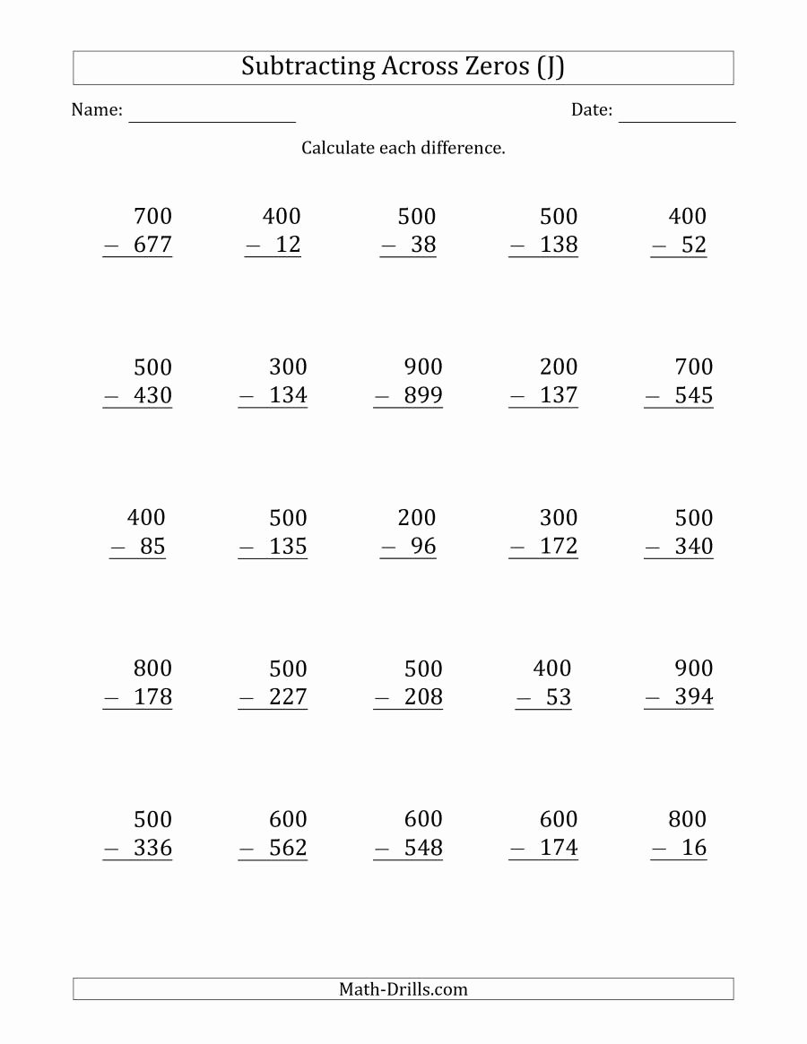 Subtraction Across Zeros Worksheet Unique Subtracting Across Zeros From Multiples Of 100 J