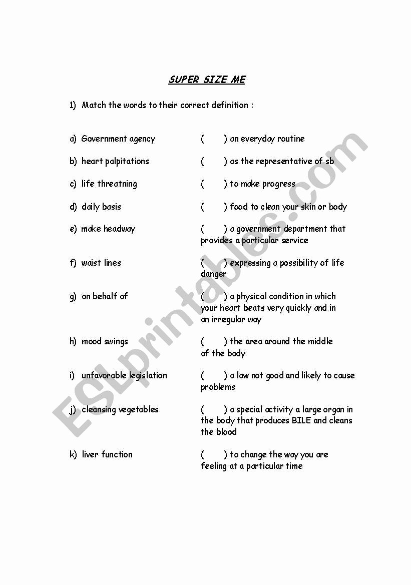 Super Size Me Video Worksheet Awesome Super Size Me Video Activity Esl Worksheet by Mariana