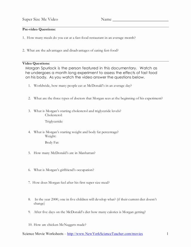 Supersize Me Worksheet Answers Elegant Super Size Me Video Worksheet for 5th 12th Grade