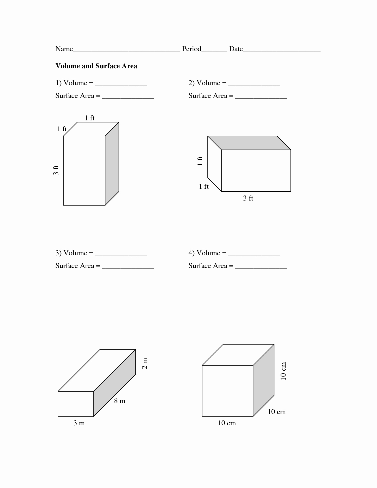 Surface Area Worksheets