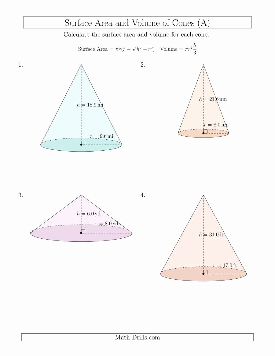 Surface area and Volume Worksheet New Volume and Surface area Of Cones E Decimal Place A