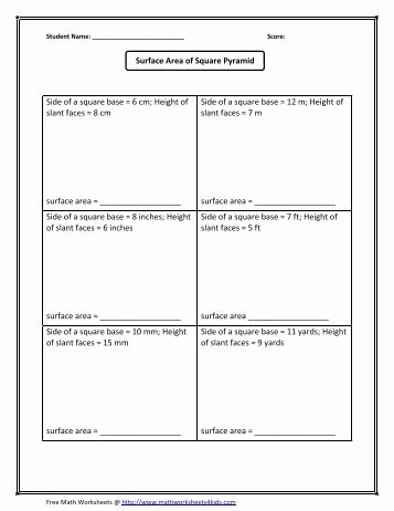 Surface area Of Pyramid Worksheet Beautiful Volume Of Cone Worksheet Math Worksheets for Kids