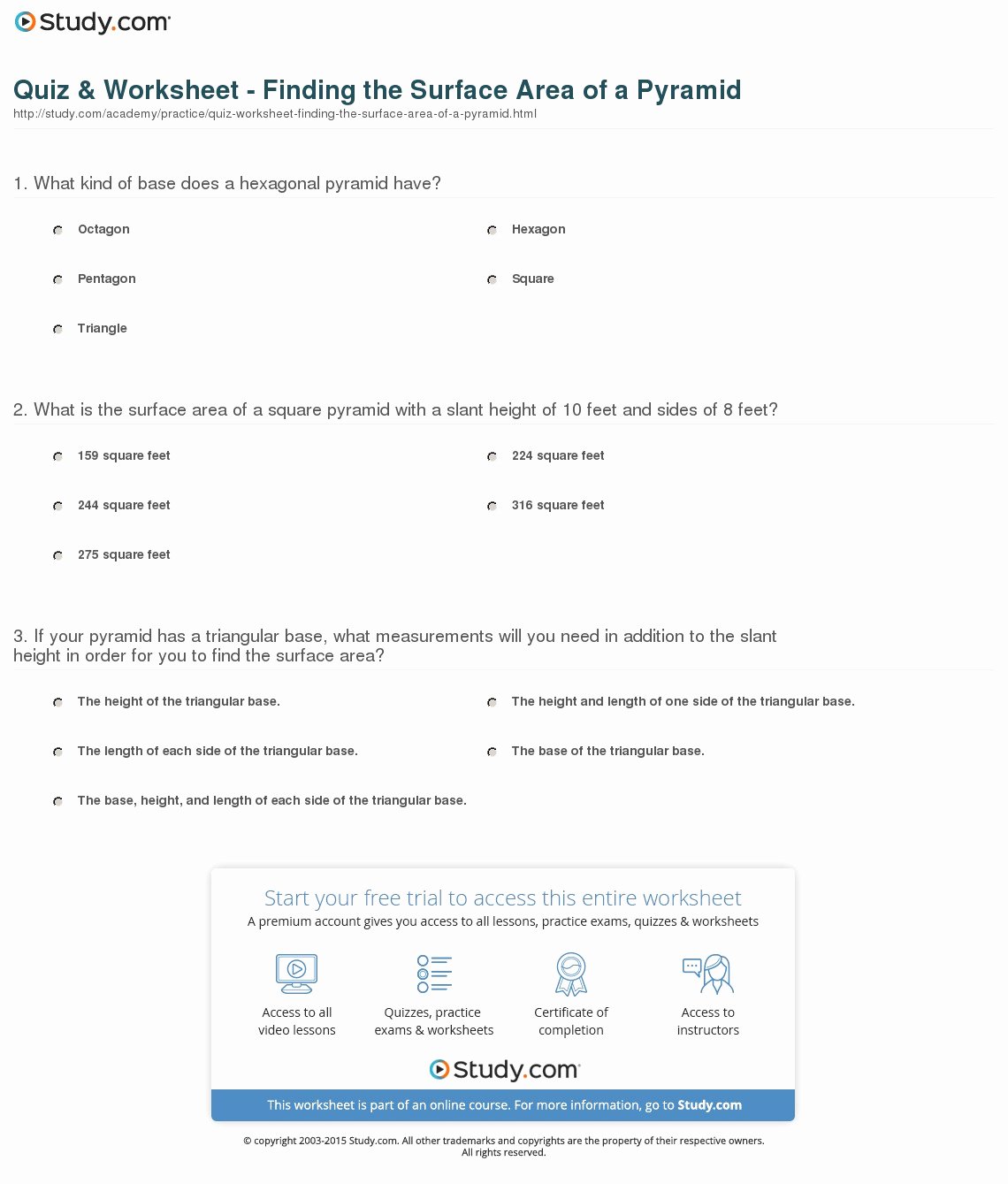 Surface area Of Pyramid Worksheet Lovely Quiz &amp; Worksheet Finding the Surface area Of A Pyramid