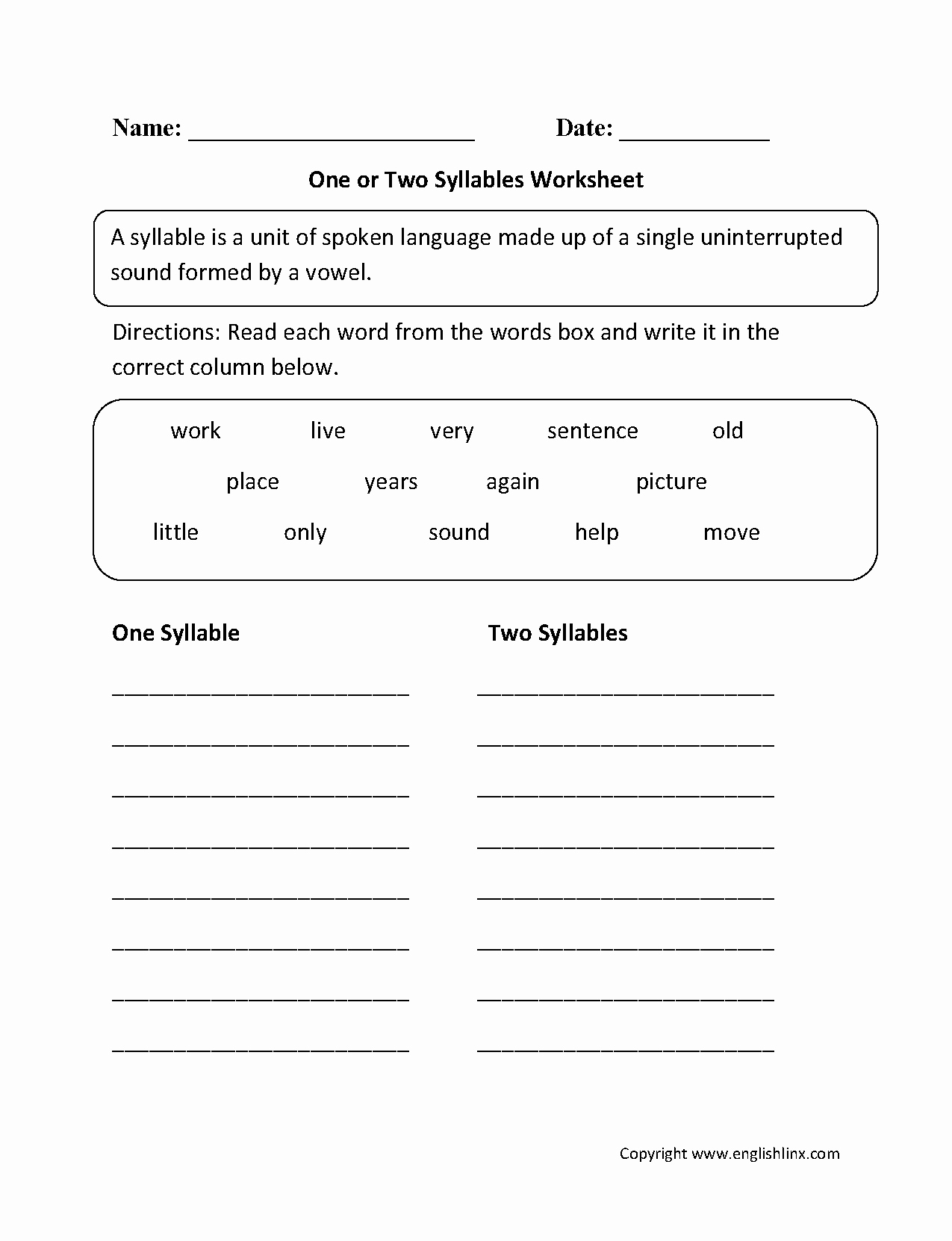 Syllable Worksheet for Kindergarten Beautiful Englishlinx