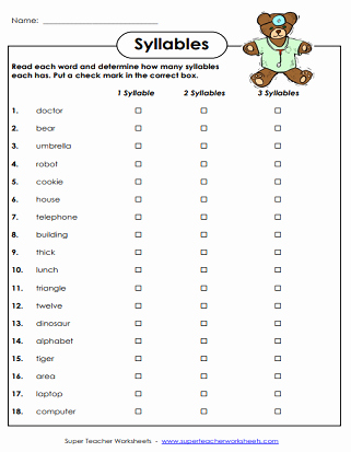 Syllable Worksheet for Kindergarten Fresh Syllable Worksheets Breaking Words Into Syllables