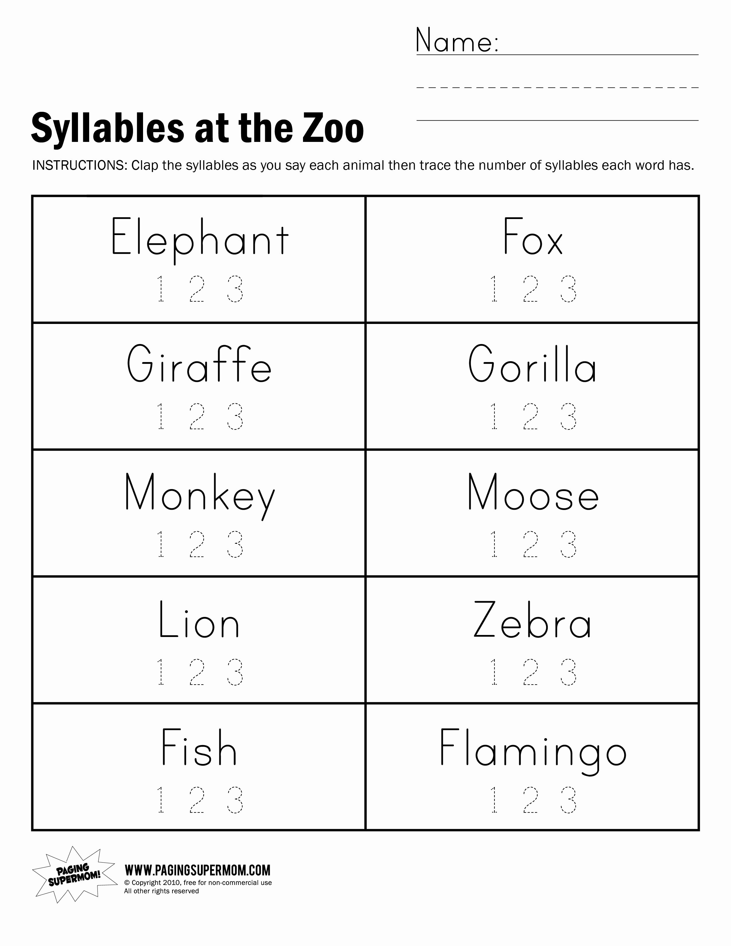 Syllable Worksheet for Kindergarten Lovely Syllables at the Zoo Worksheet Paging Supermom