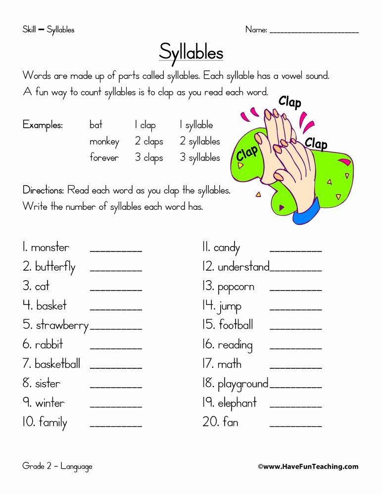 Syllable Worksheet for Kindergarten New Syllable Worksheets Page 2 Of 2