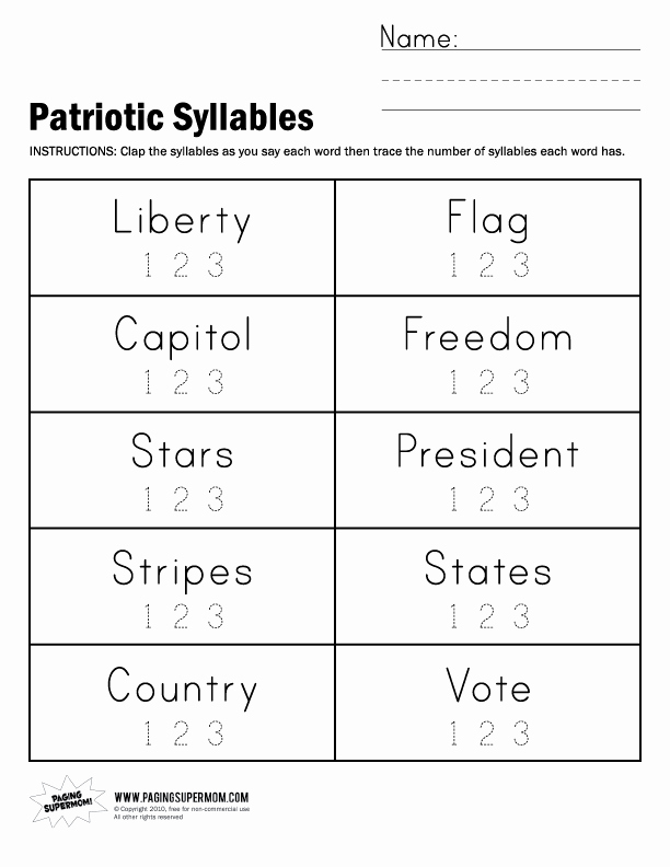 Syllable Worksheet for Kindergarten Unique Patriotic Syllables Worksheet
