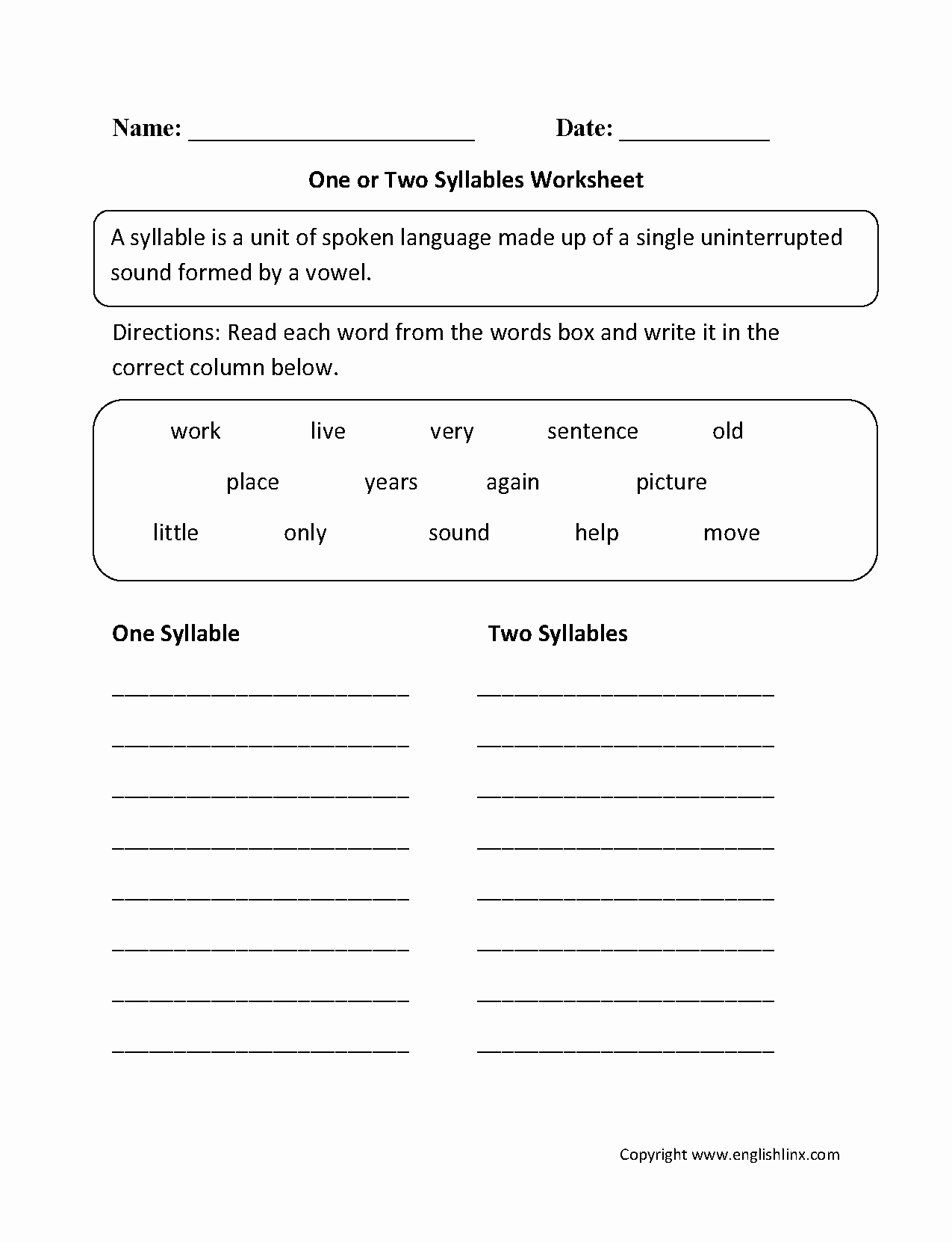 Syllable In Sentences Practice Worksheets