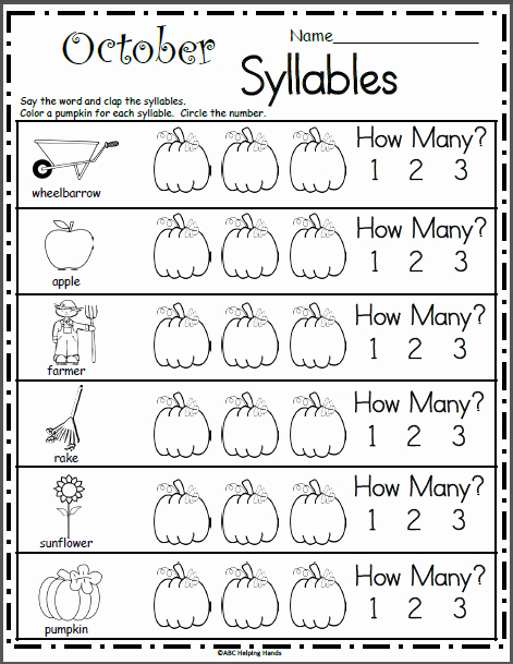 Syllables Worksheet for Kindergarten New October Syllables Worksheet English