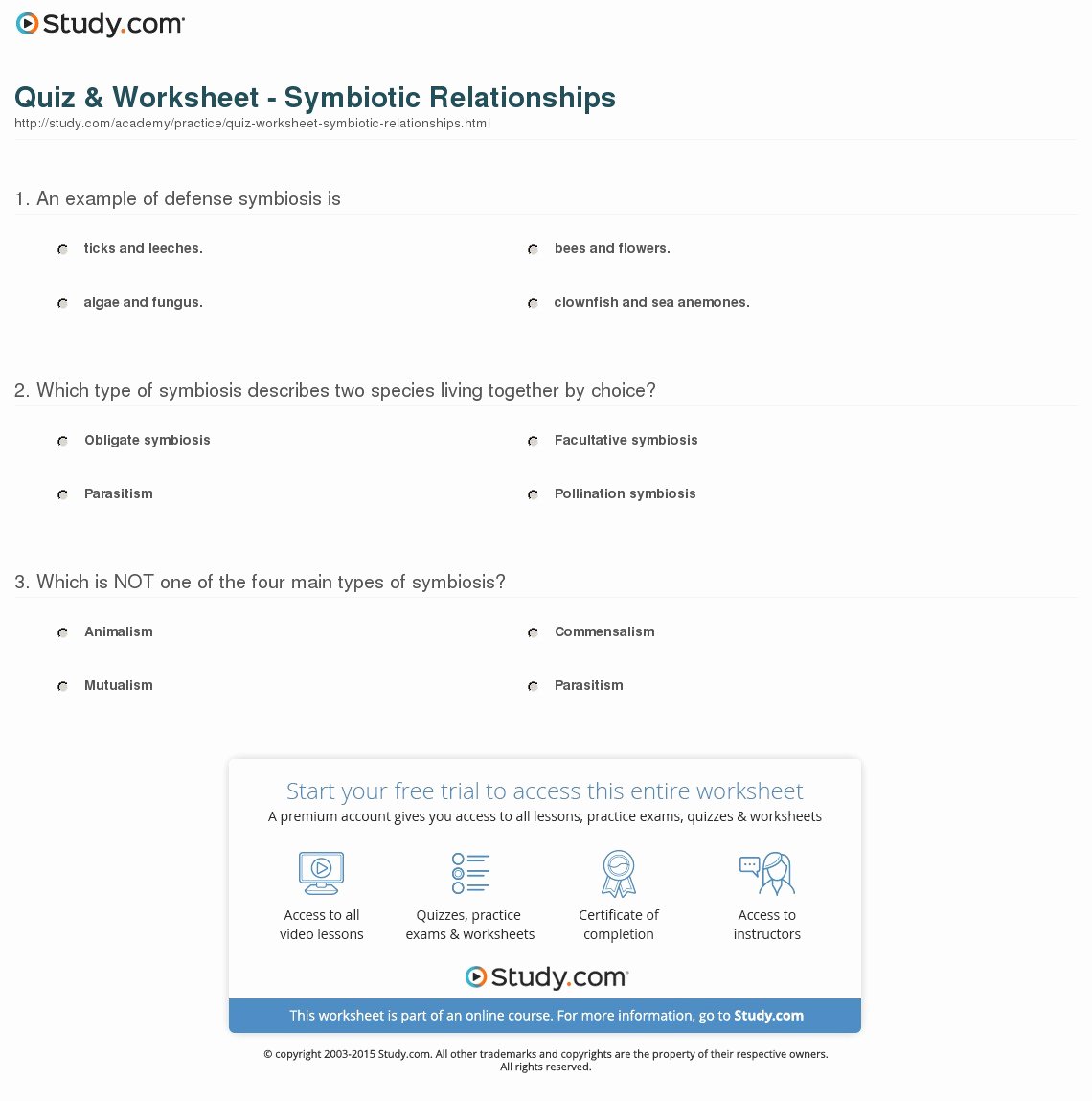 Symbiosis Worksheet Answer Key Lovely Quiz &amp; Worksheet Symbiotic Relationships