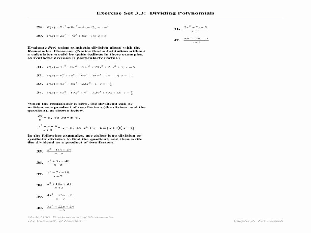 Synthetic Division Worksheet with Answers Elegant Exercise Set 3 3 Dividing Polynomials Worksheet for 9th