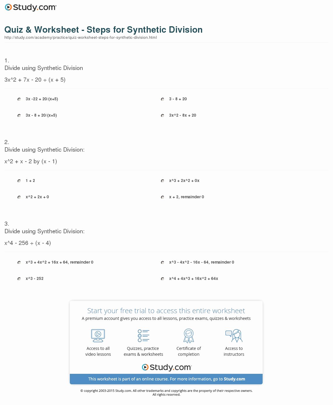Synthetic Division Worksheet with Answers Lovely Quiz &amp; Worksheet Steps for Synthetic Division