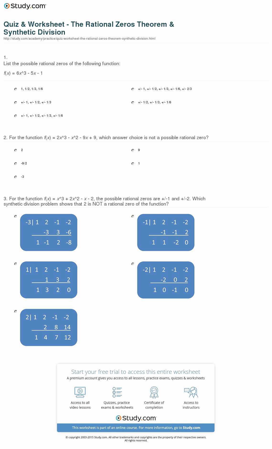 Synthetic Division Worksheet with Answers Lovely Quiz &amp; Worksheet the Rational Zeros theorem &amp; Synthetic