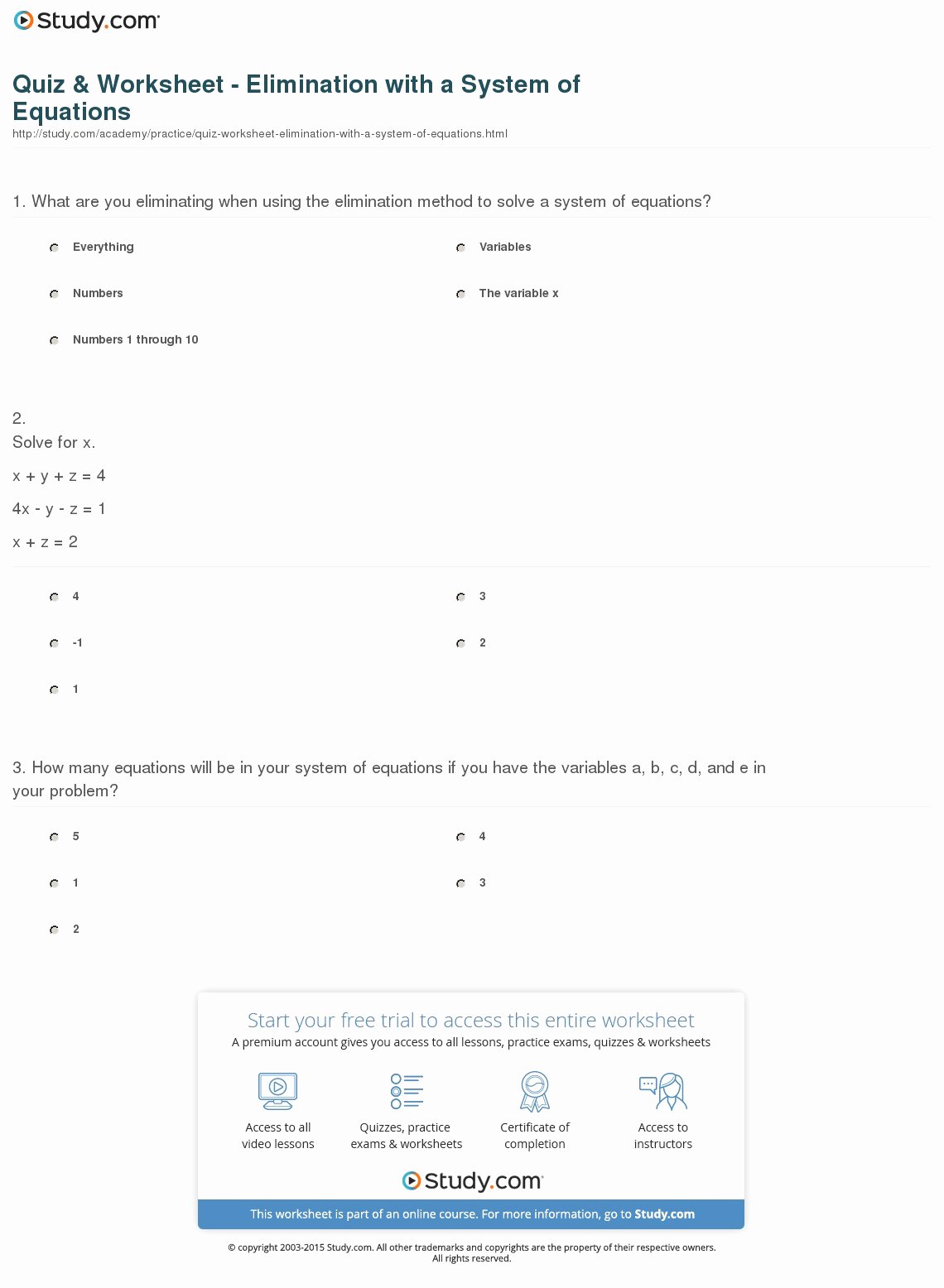 Systems Of Equations Elimination Worksheet Luxury Quiz &amp; Worksheet Elimination with A System Of Equations