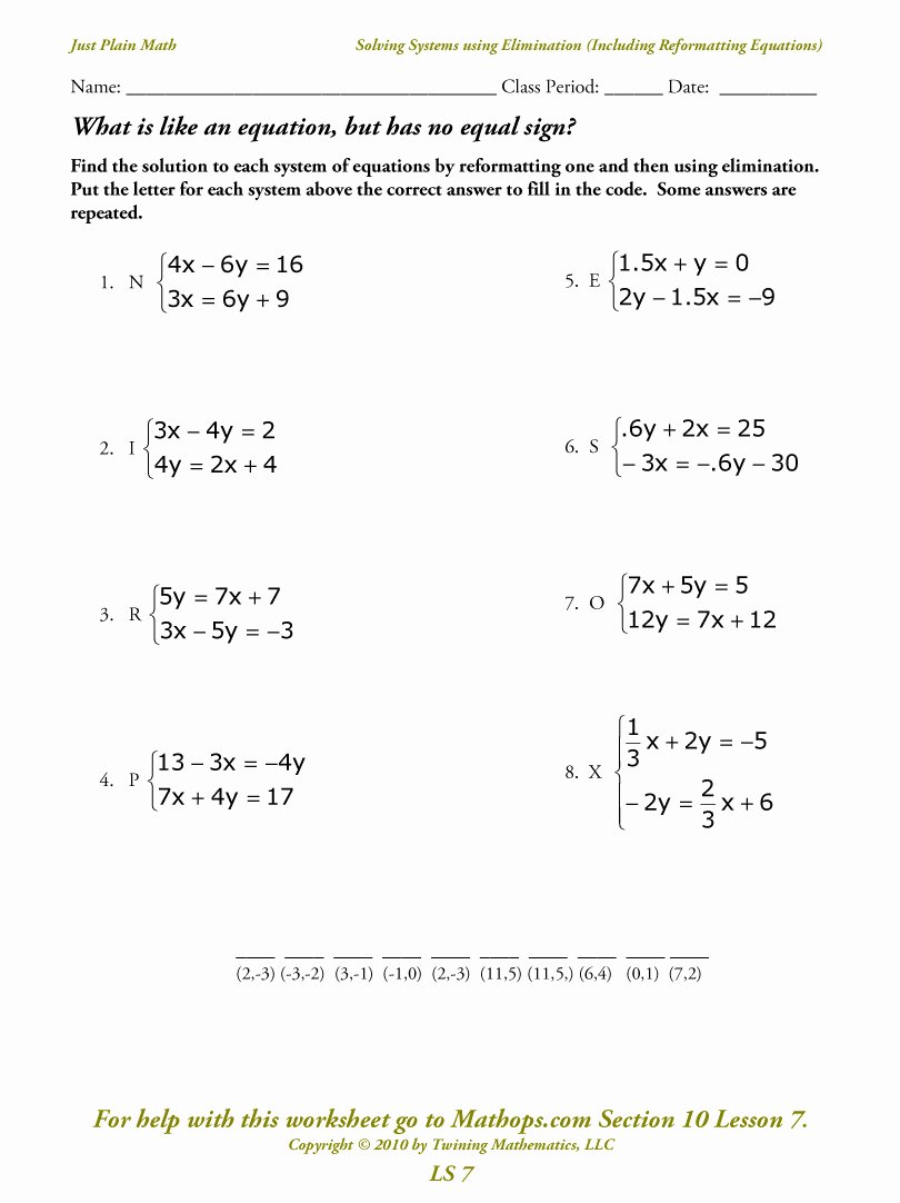 Systems Of Equations Elimination Worksheet New Ls 7 solving Systems Using Elimination Including