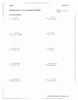 Systems Of Equations Elimination Worksheet Unique Elimination and Substitution Worksheets