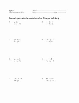Systems Of Equations Practice Worksheet Unique Algebra I solving Systems Of Equations with Substitution